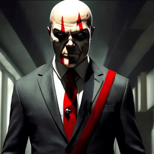 Prompt: Agent 47 from hitman movie smiling like joker and hitman logo tattoo on his right neck  he wears white shirt and dark gray waist coat and there's a red tie on his neck to his waist his grips on the table he seems very angry , its a dark themed art