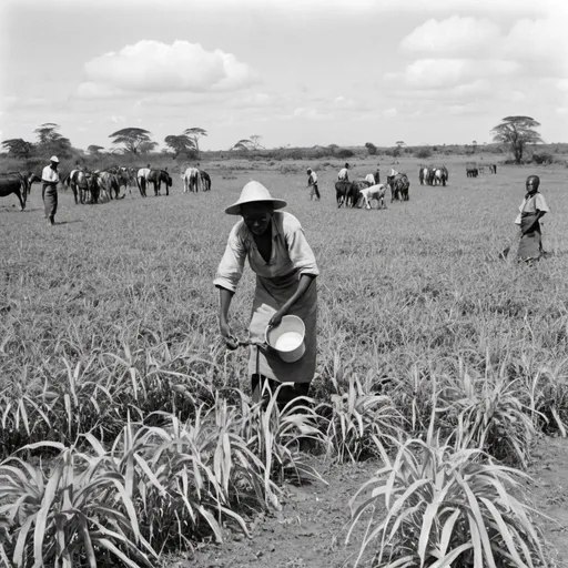 Prompt: In the late 1890s, European settlers, mainly of British origin, began arriving in Kenya in search of fertile land for farming and economic opportunities. They were attracted by the vast open spaces and the promise of agricultural success. These settlers often displaced indigenous communities and established large-scale farms, primarily focusing on cash crops such as coffee, tea, and later on, sisal. This period marked the beginning of significant colonial influence in Kenya, shaping its history and society for decades to come. B&W