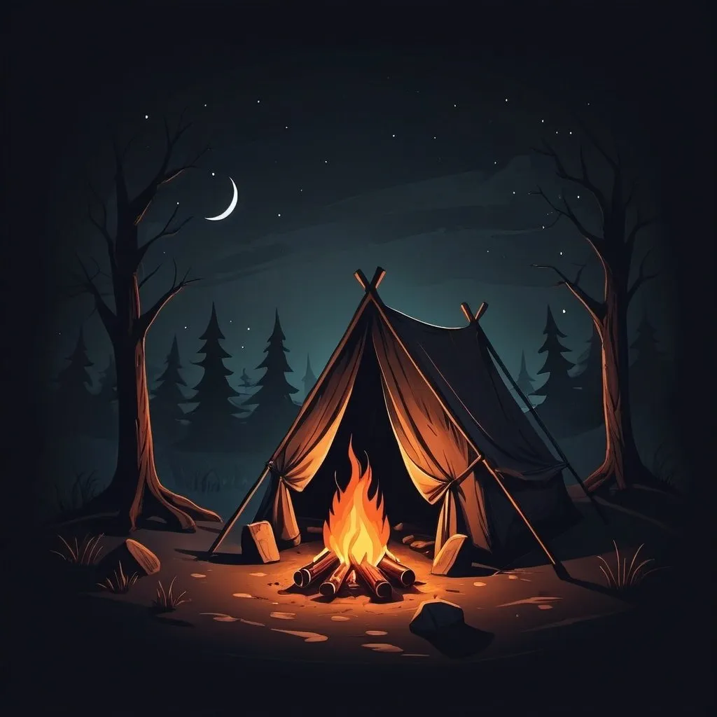 Prompt: small campfire tent in the dark scary illustration 
