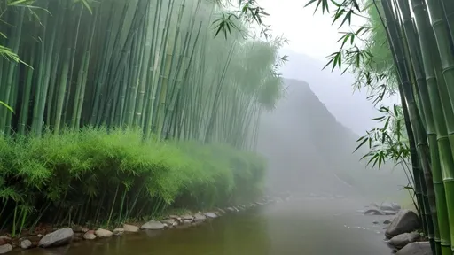 Prompt: Fog envelops the scene. Fine misty rain falls gently. Green bamboo grows on the mountain slopes. At the side of a clear stream surrounded by bamboo