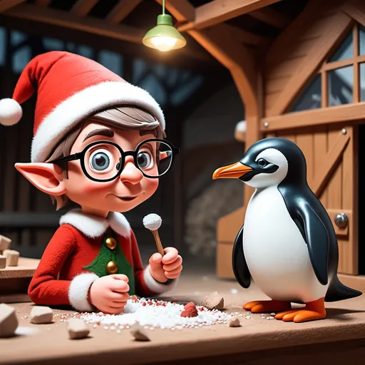 Prompt: make a fictional elf with glasses examining a stable. In the stable there are a few red and white crumbs. Behind the Elf, there is a penguin talking to a reindeer in the stable. In cartoon style