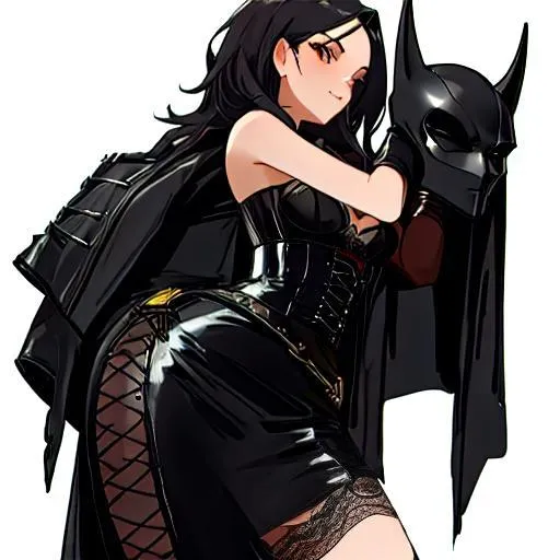 Prompt: A drawing of this woman wearing a strapless corset tube black leather dress, with lace-up details around the waist She is also wearing a Batman head mask.No smile black hair, white background, 