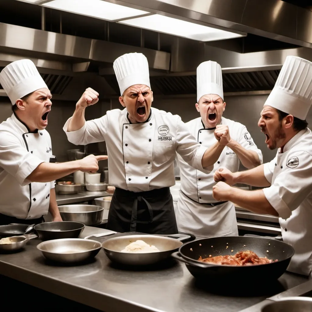 Prompt: In a chaotic restaurant kitchen, several chefs are in the midst of a heated argument, shouting angrily at each other. Their faces are flushed with anger and frustration, with furrowed brows and clenched fists. One chef is pointing aggressively, while another slams a pan down on the counter.
