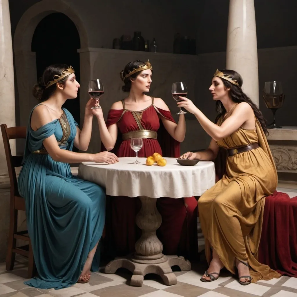 Prompt: Greek goddesses Hygiea, Calliope, and Urania drink wine together 
