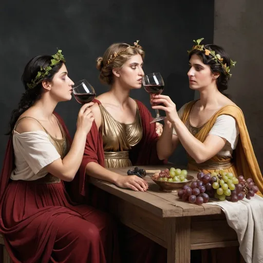 Prompt: Greek goddesses Hygiea, Calliope, and Urania drink wine together 
