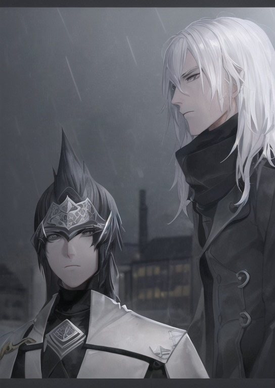 Prompt: A young man at his 21, white hair parted from the middle, onyx black eyes, a tired looking steady but a bit harshface, portrait perspectived photo, a bit blurry background with a street with frozen roofs of houses and frozen paths with street lights turned on, escaping his eyes to the side lightly a bit, no sign of beard or moustauche on the character, small snowflakes falling in the background appearing blurry in front of the character, The character wears a long-sleeved, leather dark gray turtleneck, the photo type is a very close type portrait with his shoulders can be just barely seen and straight looking into the camera with a close face camera point,  webtoon type of drawing, "Ember Knight" webtoon type of art style