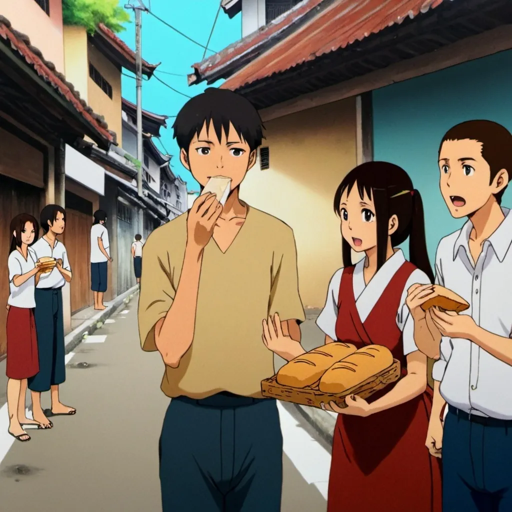 Prompt: a painting of three people in anime style holding a piece of bread in their hands and looking at something in the other hand, filipino street and people gossiping