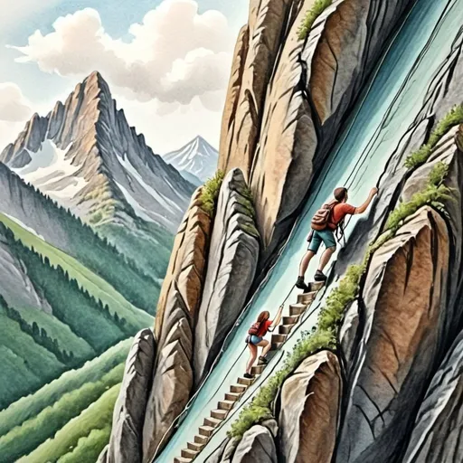 Prompt: a guy and a girl climbing up the mountain in miniature colored drawing
