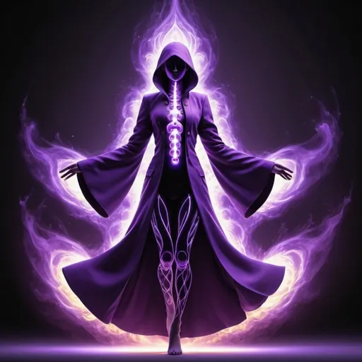 Prompt: (purple chakra coat), the user's body enveloped in mystical energy, (flickering flames effect), vibrant hues of purple swirling and illuminating, protective ethereal glow, vivid, dynamic movement,intense mood, background black