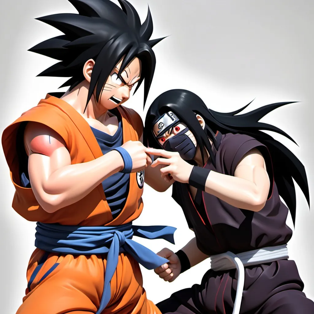 Prompt: Goku peleando con Itachi de naruto