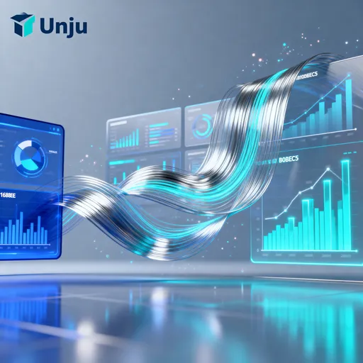 Prompt: A 5-second cinematic animation showing a futuristic digital environment representing data analysis and innovation. Flowing lines of data, glowing charts, and abstract dashboards move smoothly in a 3D space. The color palette is blue, turquoise, and silver (#1E88E5, #00BFA5, #B0BEC5), inspired by the UNJu identity. Soft lighting, elegant reflections, and subtle particle effects convey professionalism and academic excellence. No text, no people — only dynamic visuals that suggest technology, precision, and knowledge.