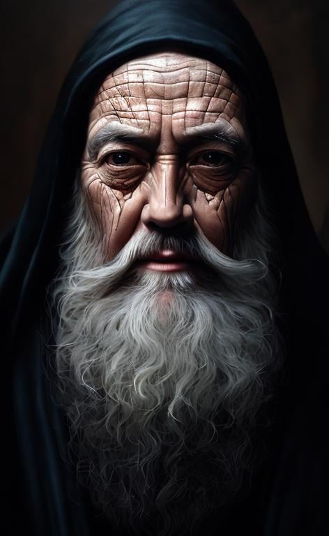 Prompt: Realistic portrait of a wise man, oil painting, intricate facial wrinkles and beard details, mystical aura, high definition, realistic, traditional art, detailed robe and accessories, warm tones, soft natural lighting