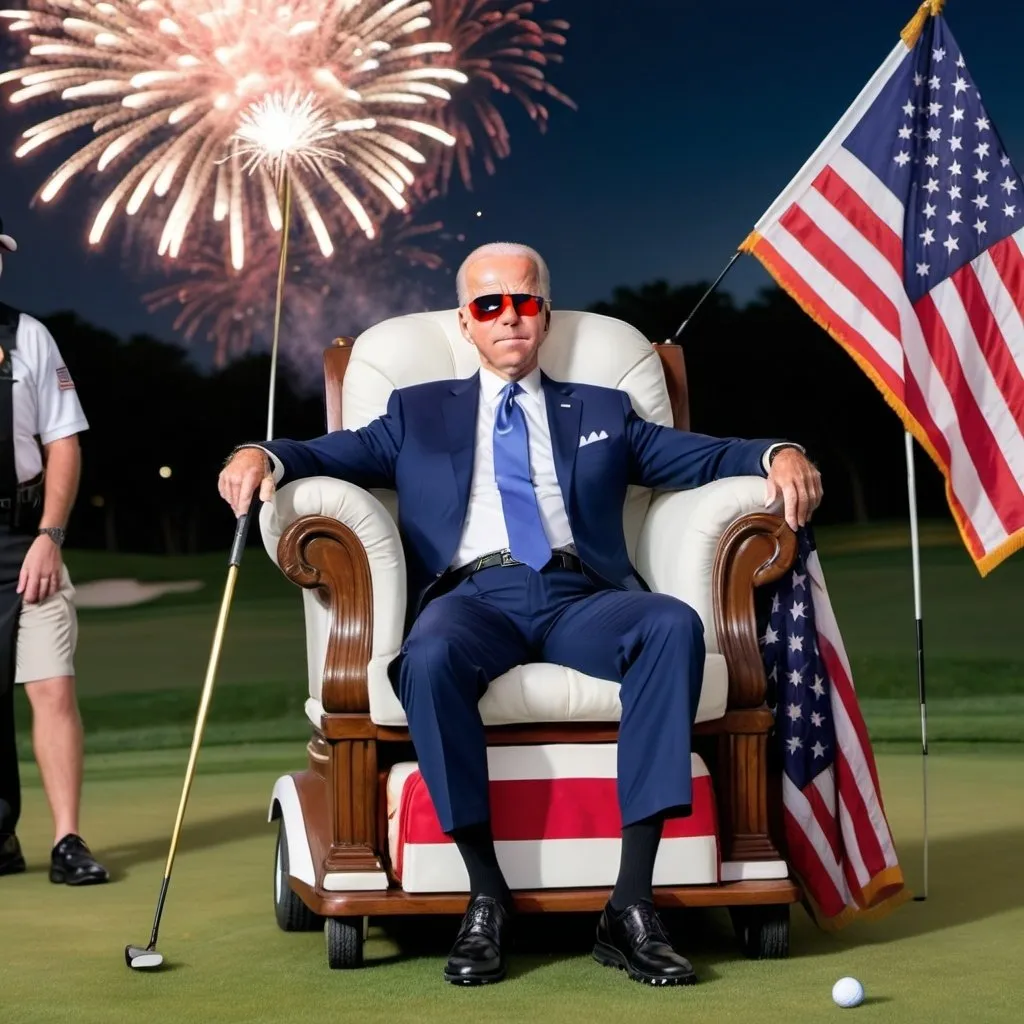 Prompt: Biden asleep on a throne on a golf course with a golf caddy waving an American flag and secret service agents dancing around in the background while fireworks go off In the sky 