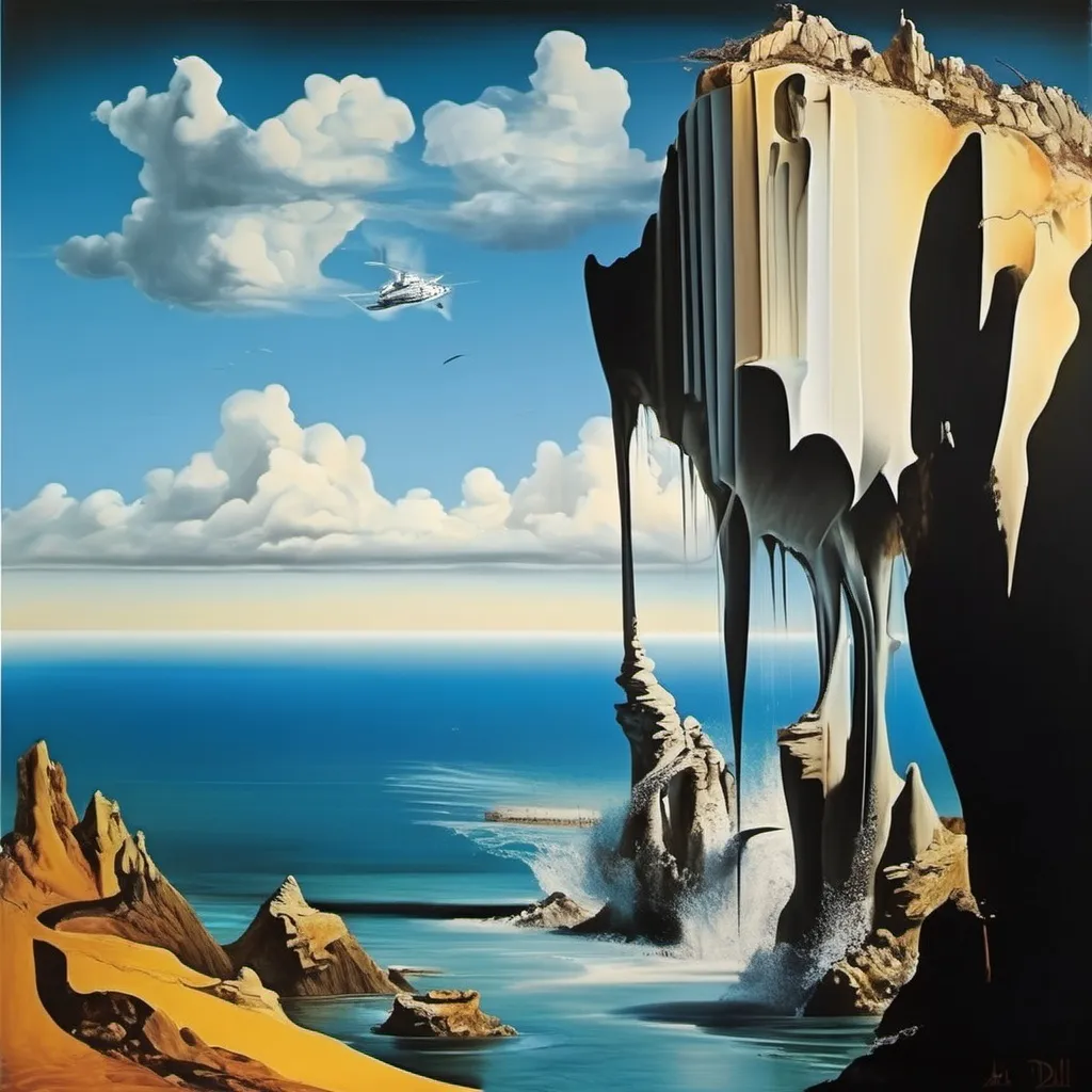 Prompt: Salvador Dalí style vision, surrealist, dreamlike, precise, melting cliffs ocean