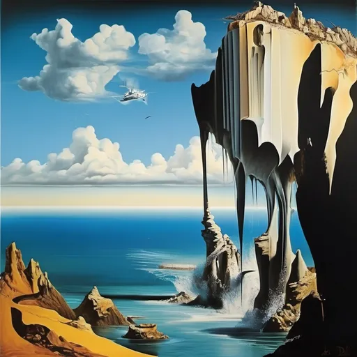 Prompt: Salvador Dalí style vision, surrealist, dreamlike, precise, melting cliffs ocean