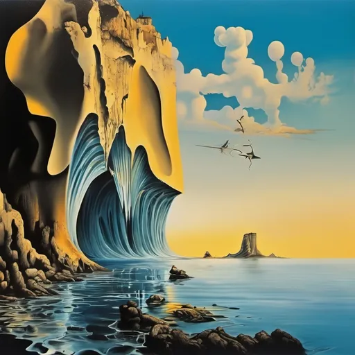 Prompt: Salvador Dalí style vision, surrealist, dreamlike, precise, melting cliffs ocean