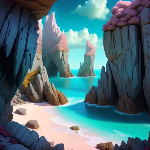 Prompt: view of a fantasy cove surrounded by cliffs 