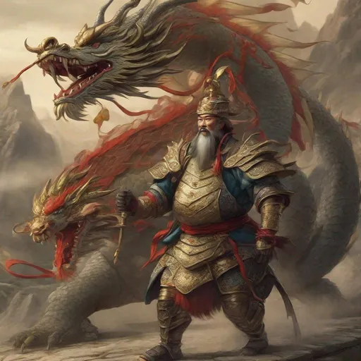 Prompt: Medival chinese dragon royal army walking next to a dragon
