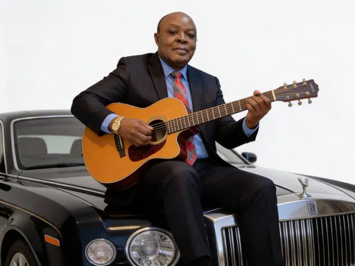 Prompt: L´homme est assis sur sa voiture de luxe entrain de jouer à la guitare.