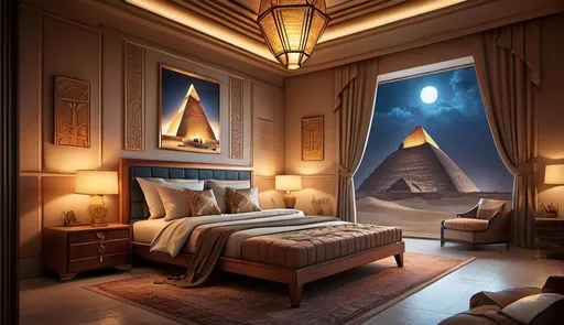 Prompt: bedroom with large bed, window view of pyramids at night, couch and ottoman, art deco, Chris LaBrooy style, unreal render, egyptian art, atmospheric lighting, highres, detailed, luxurious, exotic, ancient egypt, surreal, night time, majestic pyramids, hotel room, comfortable ambiance, mysterious, professional rendering 