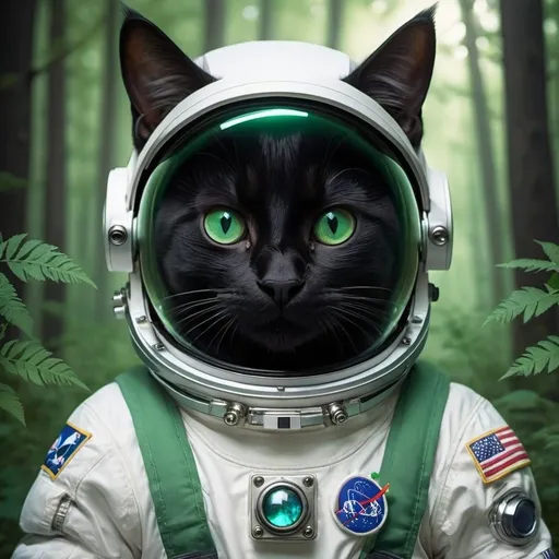 Prompt: Create an image of a black cat with green eyes in a dimly lit forest, dressed in an astronaut suit. It should be eye-catching, cute, and above all, evoke empathy and dynamism.