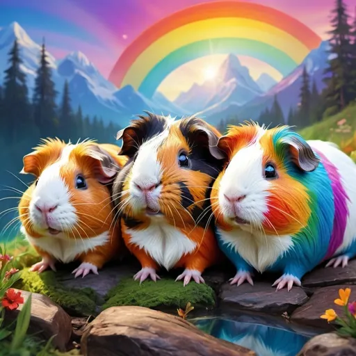 Prompt: Closeup colorful illustration of a three guinea pigs, vibrant fantasy mountain setting, detailed fur with rainbow reflections, whimsical and enchanting atmosphere, high quality, detailed, fantasy, vibrant colors, forest, closeup,  magical, adorable, professional, atmospheric lighting