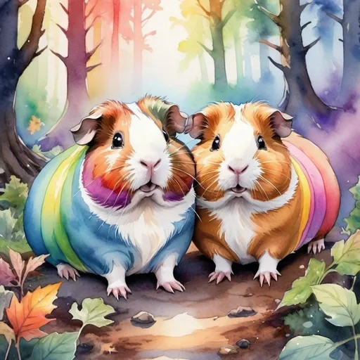 Prompt: Three guinea pigs in epic fantasy forest, watercolor, rainbow color, magic light, happy, playful, medium shot drawing, high quality, detailed, fantasy, watercolor, magical lighting, joyful, woodland creatures