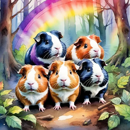 Prompt: Three guinea pigs in epic fantasy forest, watercolor, rainbow color, magic light, happy, playful, medium shot drawing, high quality, detailed, fantasy, watercolor, magical lighting, joyful, woodland creatures