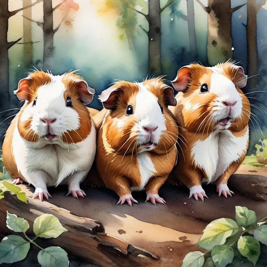 Prompt: Three guinea pigs, watercolor painting, epic fantasy forest, magical light, happy and playful expression, medium shot, high quality, fantasy, watercolor, epic forest, magical lighting, playful animals, detailed fur