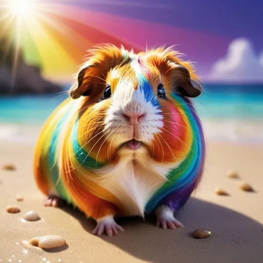Prompt: Closeup colorful illustration of a guinea pig, vibrant fantasy beach setting, detailed fur with rainbow reflections, whimsical and enchanting atmosphere, high quality, detailed, fantasy, vibrant colors, beach, closeup, tropical, magical, adorable, professional, atmospheric lighting