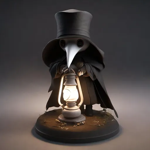 Prompt: cute plague doctor He holds a lamp in the middle of the night, full body, chibi, figure, ultra-realistic, ultra Quality, ultra 8k, ultra effects, ultra fantasy, unreal engine 5, ultra anime, ultra in-depth details, High accuracy, ultra illustrator, ultra high, cute, figure, ultra beautiful