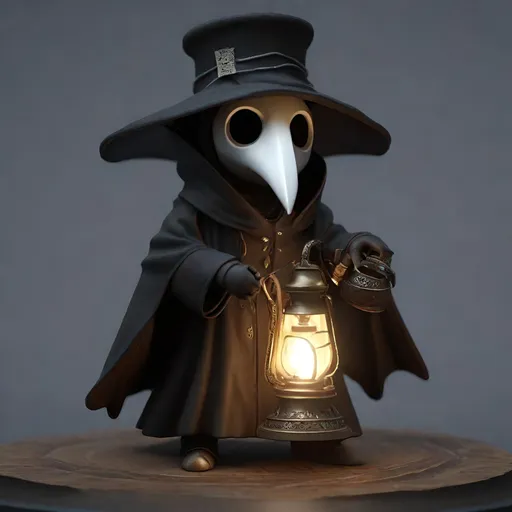 Prompt: cute plague doctor He holds a lamp in the middle of the night, full body, chibi, figure, ultra-realistic, ultra Quality, ultra 8k, ultra effects, ultra fantasy, unreal engine 5, ultra anime, ultra in-depth details, High accuracy, ultra illustrator, ultra high, cute, figure, ultra beautiful