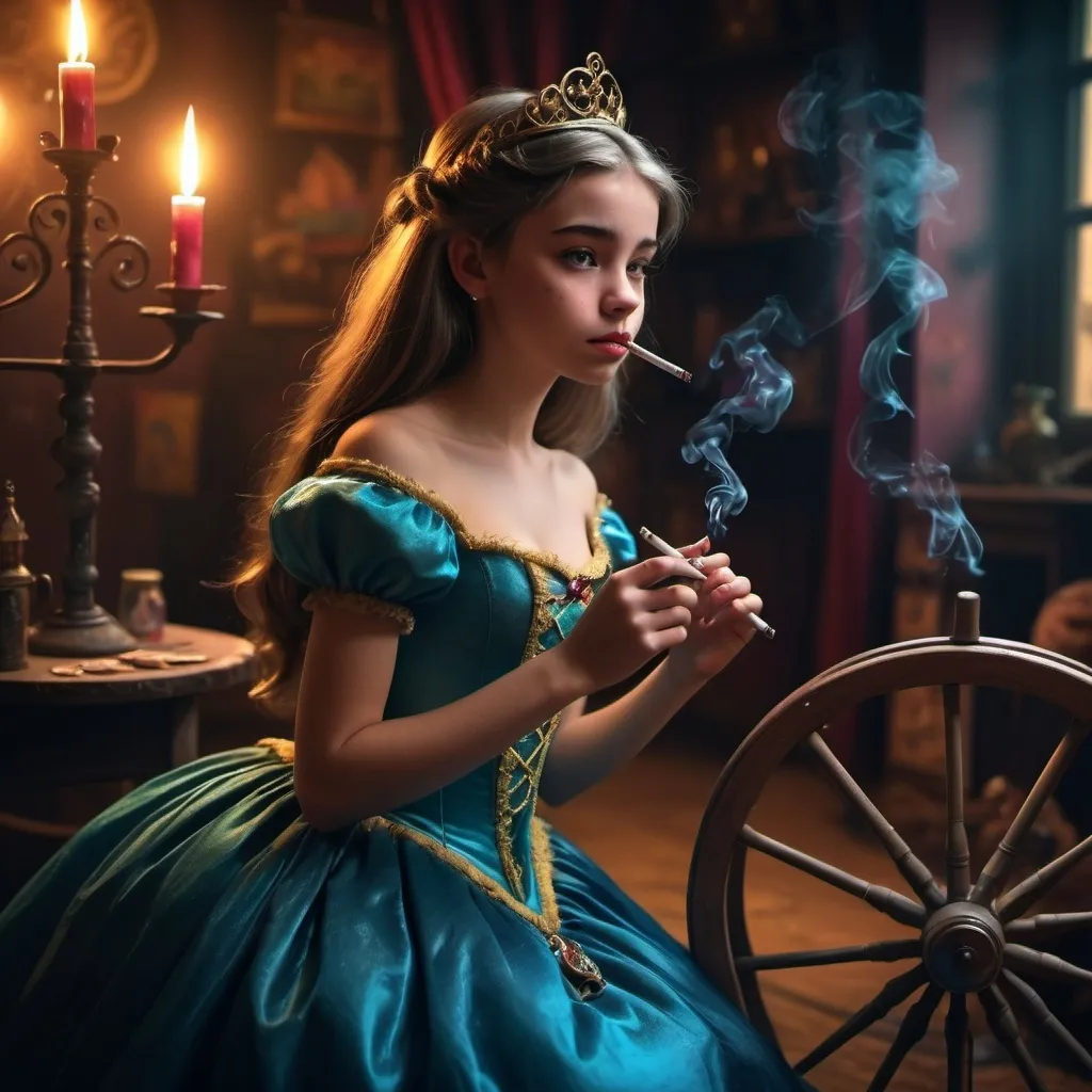 Prompt: A 14 year old girl is smoking a cigarette. She is dressed as a Dinsey Princess. Spinning Wheel.