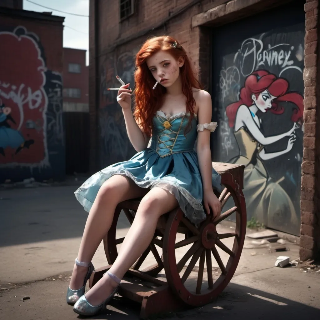 Prompt: A 13 year old girl is smoking a cigarette. Red hair. Bare legs. She is dressed as a Dinsey Princess. Spinning Wheel.