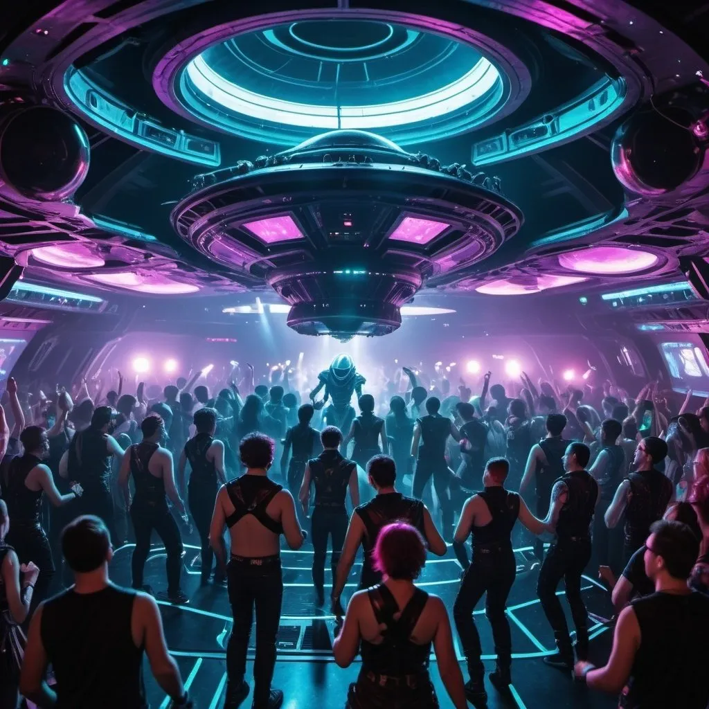 Prompt: Dance rave onboard a spaceship flying interstellar with people dressed in different cyberpunk costumes dancing in front of a stage with the band on stage dressed as aliens