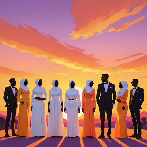 Prompt: A group of ten people standing together against a vibrant sunset background. The six women are also in white dressed with yellow hijab and four men dressed with black tuxedo.  The sunset creates a warm, glowing atmosphere with shades of orange, pink, and purple in the sky, casting long shadows on the ground. The figures are positioned in a way that they appear united and confident, with the sunset highlighting the edges of their clothing. cartoon style