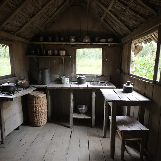 Prompt: Old hut with kitchen and table 
