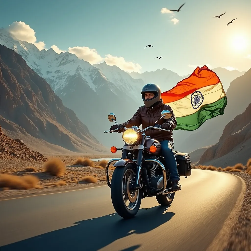 Prompt: Ladakh theme design with motorcycle rider and indian flag