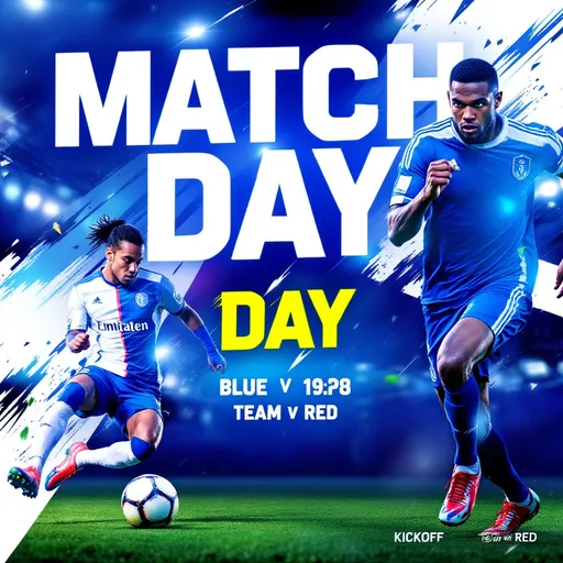 Prompt: Vibrant blue and white hues dominate this energetic match announcement, set against a dynamic backdrop that captures the excitement of soccer. Two athletes are prominently featured: one in a blue jersey passionately dribbling a soccer ball, and the other in a blue and white ensemble, exuding determination with an intense expression. The text boldly stating "MATCH DAY" adds to the electrifying atmosphere, hinting at the upcoming showdown between Team Blue and Team Red. With a clear kickoff time and venue details highlighted, the poster exudes a sense of urgency and anticipation, drawing fans into the unfolding competitive spirit of the event.