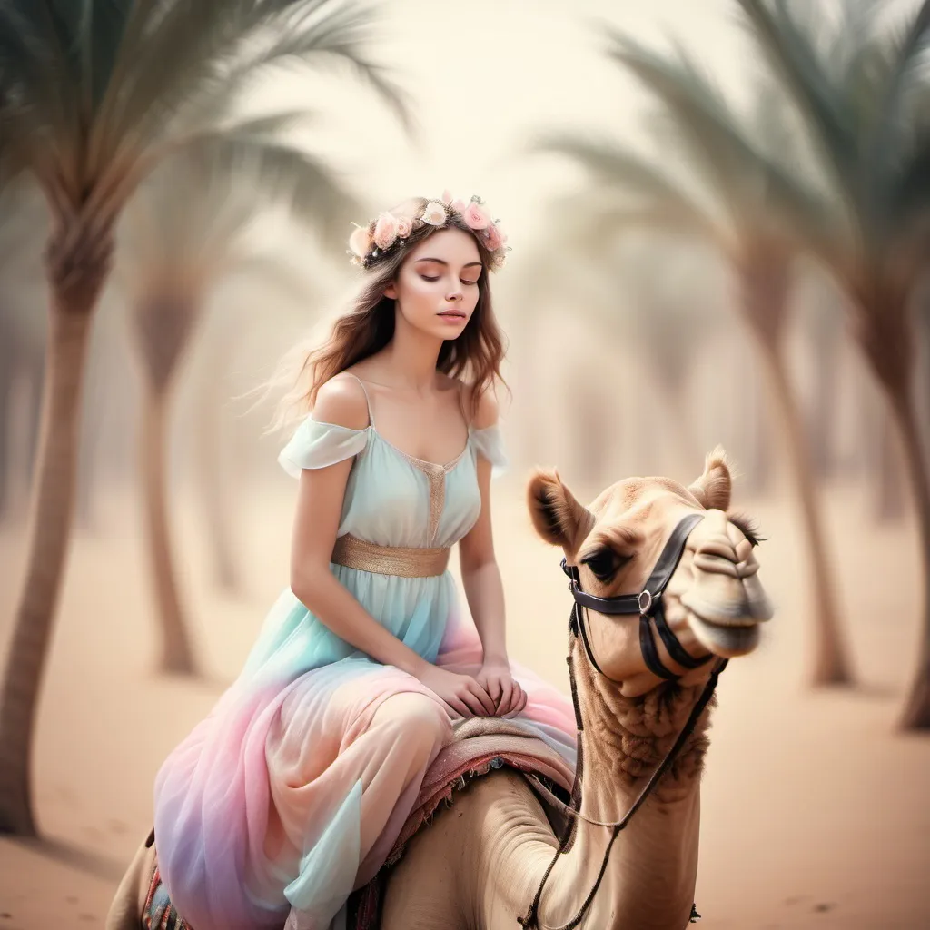 Prompt: Dreamy pastel portrait, ethereal atmosphere, soft focus, fairy riding a camel