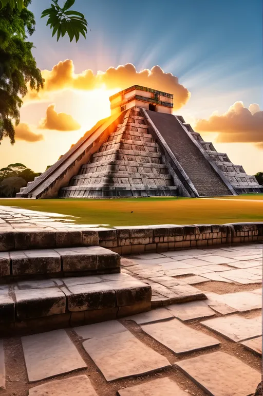 Prompt: a hyperrealistic photograph of Chichen Itza with the sun setting behind it, rainforest and sky background, high resolution, highly detailed, vivid colors, vibrant colors, HDR, UHD, 8k