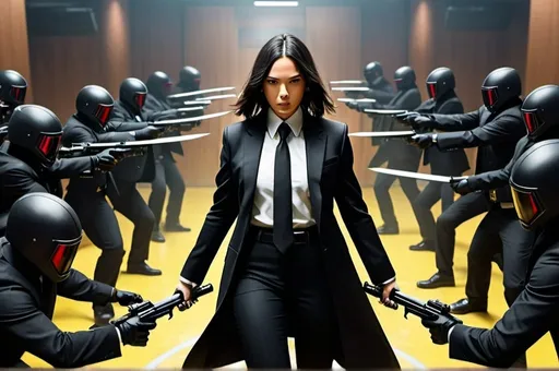 Prompt: An image of Dorothy of the Wizard of Oz, surrounded by the flying monkeys in a John Wick style movie scene, where she is getting focused just before the big fight scene begins. I want this to take place on the yellow brick road. I want dorothy dressed like John Wick, wearing a black brooks brothers style suit and holding desert eagle pistols, on in each hand. The flying monkeys dressed in cool, stylish and matching black suits like they are part of a gang. The ONLY characters in this image should be Dorothy and the flying monkeys. The image is shot from above. She's surrounded by the flying monkeys in a circle getting ready to attack. They are all looking at her. They are holding an assortment of weapons...guns, knives, swords, nunchakus, etc.