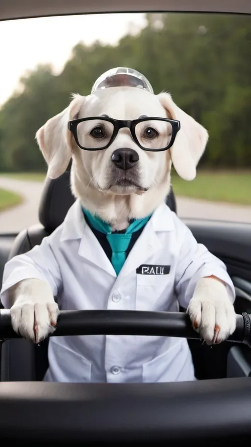 Prompt: A dog dressed like a scientist driving a car