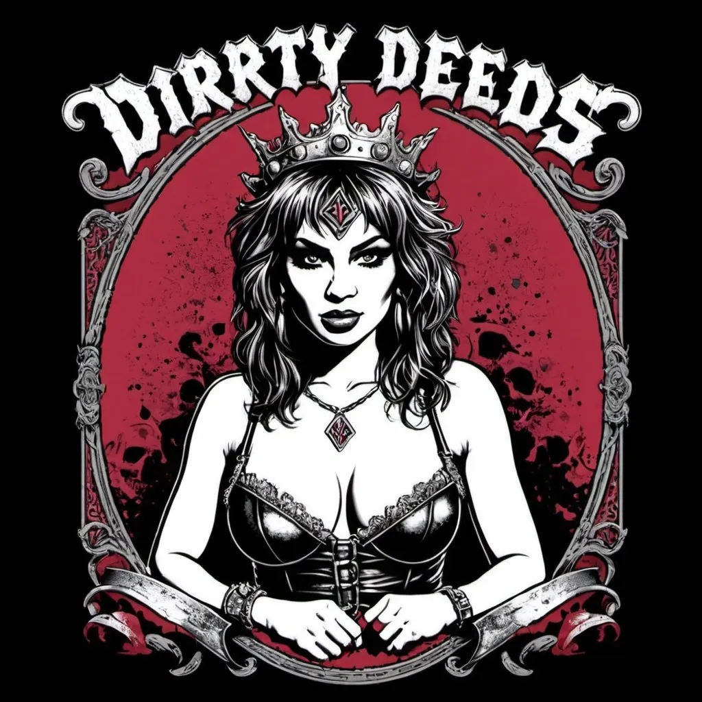 Prompt: tee shirt design with the words DIRTY DEEDS, DUNGEON QUEEN, DONE DIRT CHEAP
