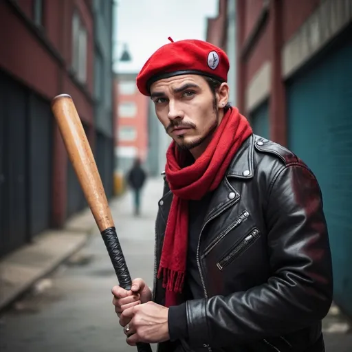 Prompt: a guy with a red beret, a red scarf, leather jacket and a baseball bat

