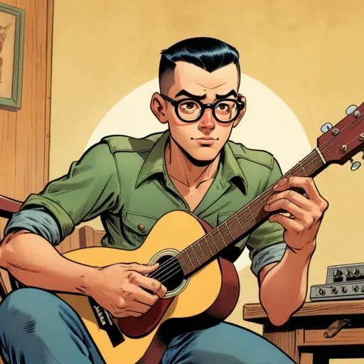 Prompt: A 22 years old boy with glasses and buzz cut black hair and balbo beard style with satisfying face is sitting on the wooden chair and playing classic guitar, in the style of Jack Kirby and Wally Wood, 1940s vintage comic, faded colors