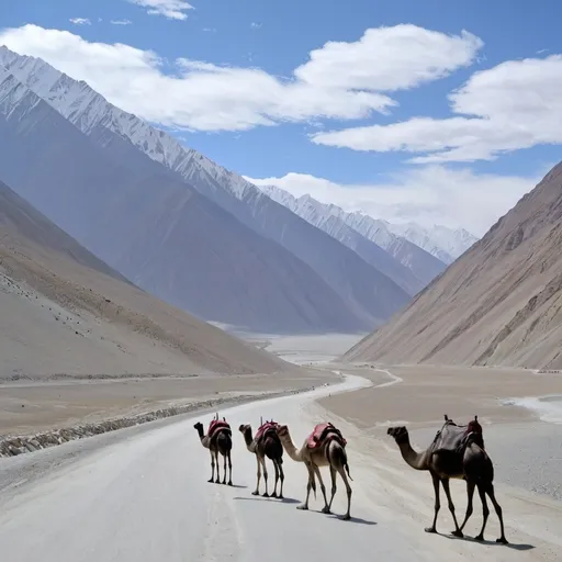 Prompt: nubra valley crossing khardung-la-pass - the highest motorable road in the world at 18,380 ft. nubra valley is situated to the north of ladakh between the karakoram and ladakh ranges of 
the himalayas. Visit the diskit monastery and the sand dunes to enjoy a camel safari
