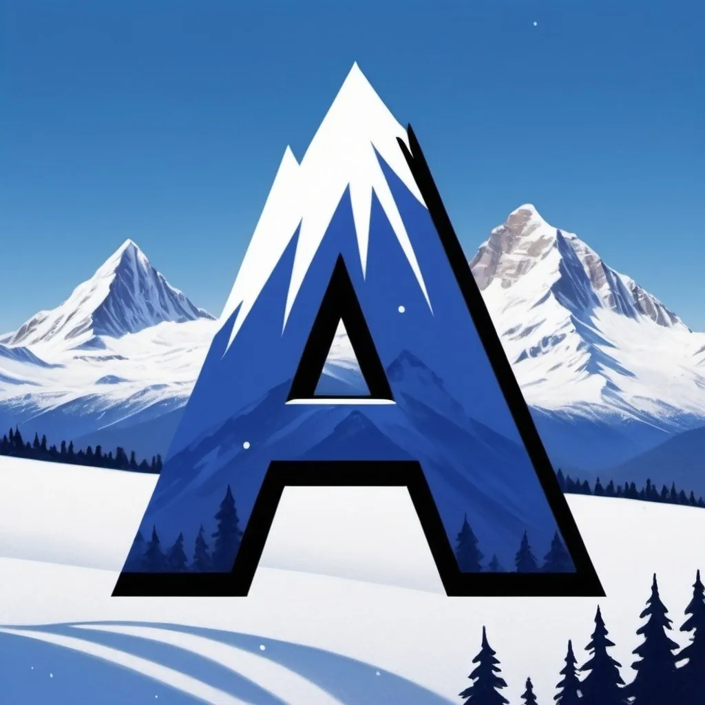 Prompt: Draw the letter A in deep cobalt font with a snow peak on the top, as if the A is a mountain