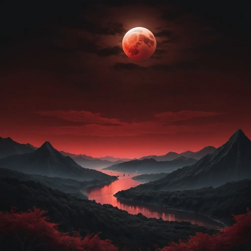 Prompt: a beautiful blood moon scenery 
