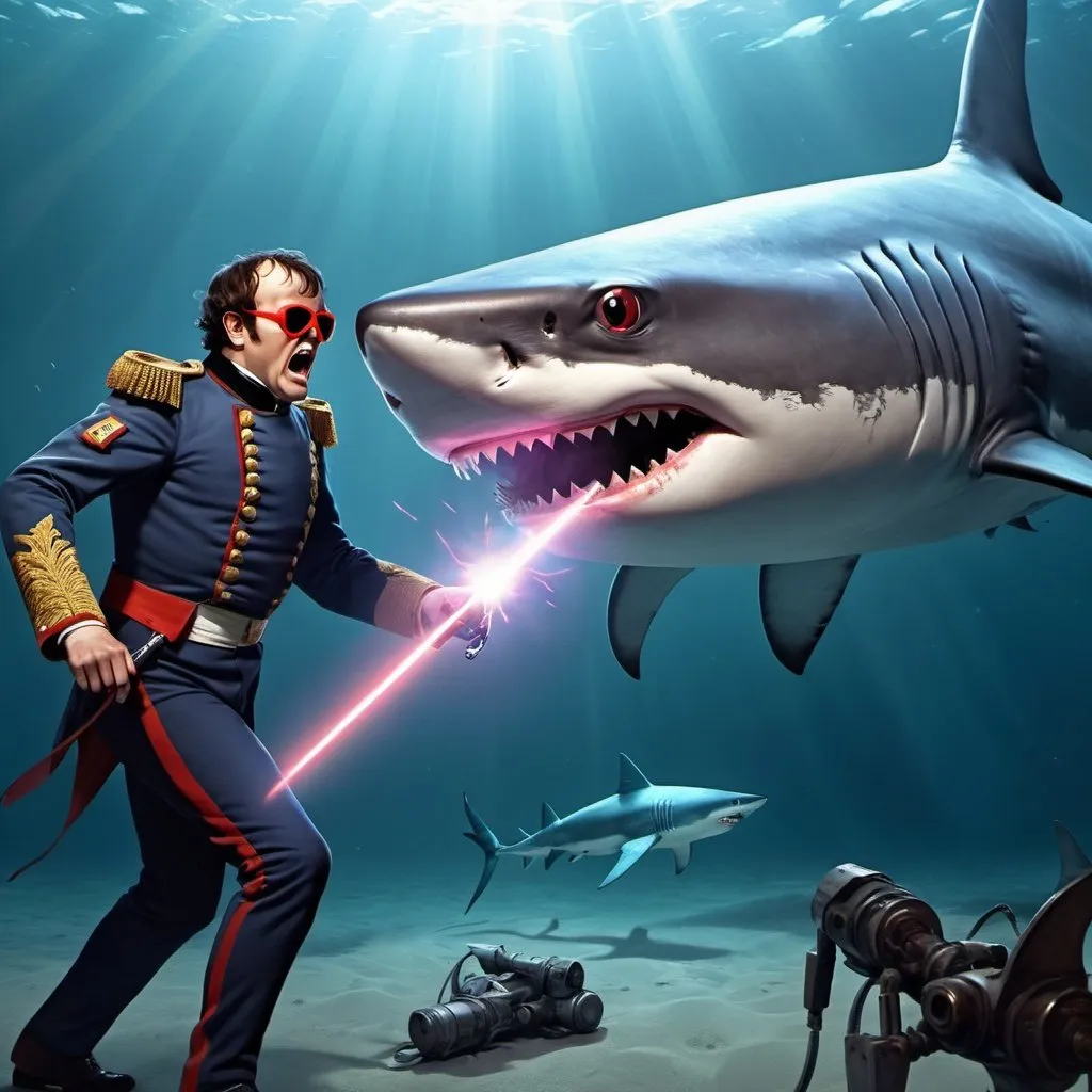 Prompt: napoleon fights robot laser sharks